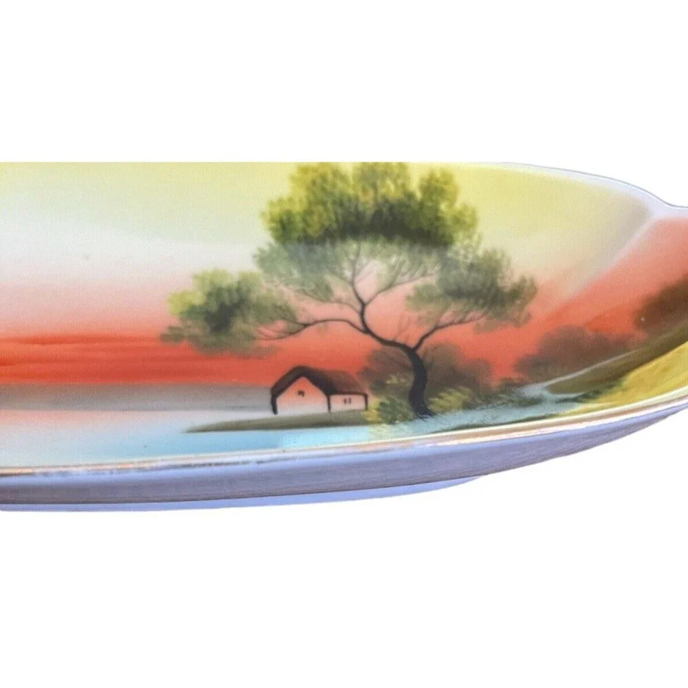 Vintage Noritake Celery Dish Lake Sunset Cottage Scene Hand Painted 12